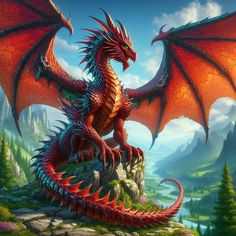 a red dragon sitting on top of a rock in front of mountains and trees,