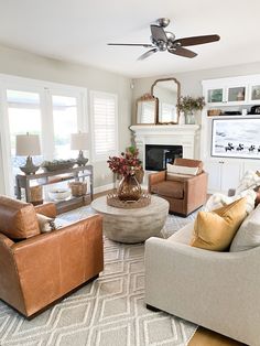 a living room filled with furniture and a fire place in the middle of the room