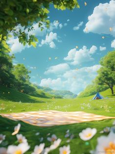 a painting of a tent in the middle of a field with trees and flowers around it