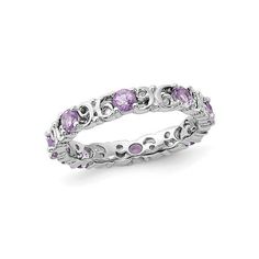 Polished sterling silver is the foundation for a stunning purple amethyst eternity band featuring 8 brilliant round amethyst gemstones 0.79 carats (ctw) total gem weight. Purple amethysts are the featured birthstones for the month of February. 4/5 Carat Amethyst Band Ring in Sterling Silver Size: 10.  Gender: female.  Age Group: adult. Purple Stones, Filigree Ring, Eternity Band, Amethyst Stone, Amethyst Gemstone, Amethyst Ring, Ring For Women, White Ring, Purple Amethyst