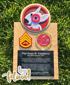 a plaque on the grass with patches and emblems attached to it's sides