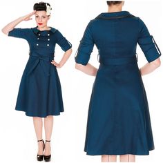 Lindy Bop 'Velma' Vintage Ww2 1940's Style Double Breasted Military Tea Dress Nwot. Navy Blue With Black Satin Detail On Color And Brass Colored Double Breasted Anchor Buttons. Removable Belt. Sleeves Button Up With Charming Buttons Or Can Be Left Down. Side Zipper. Fabric Has Streched. Very Well Made Dress! See Photos For Measurements And Details. 1950s Style Dresses With Buttons, Vintage Fitted Tea Length Midi Dress, 1950s Style Knee-length Midi Dress, Vintage A-line Dress For Work, 1950s Style Vintage Dress For Events, 1950s Style Vintage Dress For Work, Retro Dress With Buttons For Vintage Events, Vintage Midi Dress With Buttons For Formal Occasions, 1950s Style Knee-length Vintage Dress