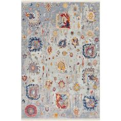 an area rug with various colors and designs on the carpet, including blue, red, orange