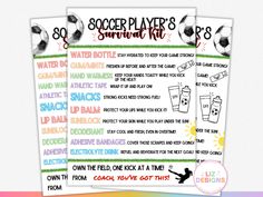 soccer player's survival kit with instructions and printables on the back side