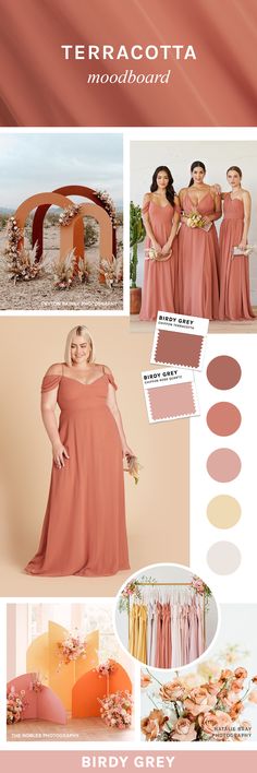 the bridesmaid color scheme is coral and peach, with matching shades to match