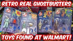 two action figures are shown in front of a box with the words, retro real ghostbusters toys found at walmart