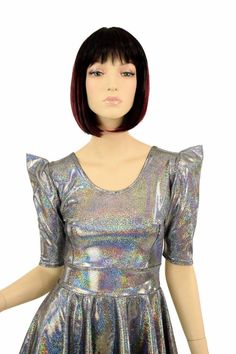 Silver Holographic Sparkle Darted Sharp Shoulder Pointy Sleeve | Etsy Fitted Rave Party Dresses, Iridescent Fitted Mini Dress For Party, Fitted Shimmer Summer Dress, Fitted Shimmer Dress For Summer, Fitted Short Sleeve Mini Dress For Costume Party, Iridescent Fitted Party Dress, Iridescent Fitted Dress For Party, Multicolor Fitted Dress For Costume Party, Fitted Multicolor Dress For Costume Party