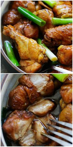 two pictures of chicken and green beans in a pan