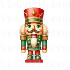 a wooden nutcracker with green and red paint on it's face, standing upright