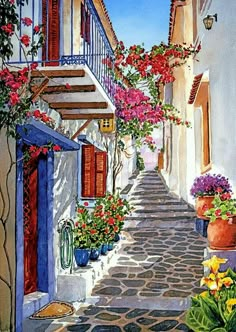 a painting of an alley way with flowers and potted plants on the side walk