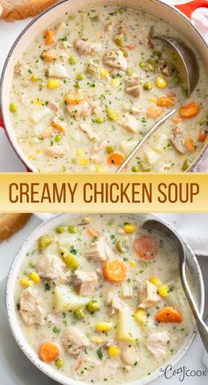 creamy chicken soup with a mix of vegetables and chunks of chicken Soup With Biscuits, Potatoes And Chicken, Easy Diner, Rotisserie Chicken Soup, Chicken Potato Soup, Chicken Soup Recipes Homemade, Chicken Soup Crockpot, Chicken Vegetable Soup Recipes, Creamy Soup Recipes