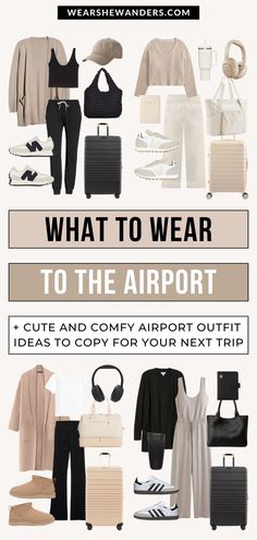 Cute and comfy airport outfit ideas and travel outfits to wear on the plane and beyond Airport Outfit Ideas, Chic Travel Outfit, Plane Outfit, Comfy Airport Outfit, Comfortable Travel Outfit, Cute Travel Outfits, Comfy Travel Outfit, Airplane Outfits, Comfy Travel