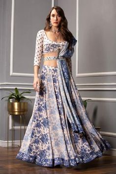 Shop for Sakshi Girri Blue Crepe Floral Print Lehenga Set for Women Online at Aza Fashions Panelled Lehenga, Floral Print Lehenga, Print Lehenga, Printed Lehenga, Reception Lehenga, Floral Lehenga, Blue Lehenga, Printed Dupatta, New Address