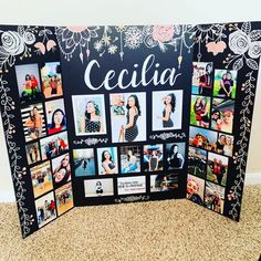 a black and white photo collage with the word cecilia on it's side