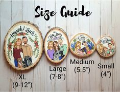 the size guide for personalized wood slice magnets with pictures on them and measurements