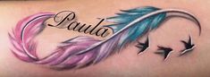 the back of a woman's stomach with colorful feathers and words that say, paula