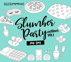 an image of a party flyer with various items in black and white on a blue background