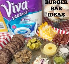 an assortment of food on a table with the words via vantage burger bar ideas above it