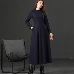 Long Wool Dress Women Dress Long sleeve dress Dress For | Etsy Winter A-line Midi Dress For Office, Wool Long Sleeve Dresses For Work, Casual Winter A-line Maxi Dress, Winter A-line Long Sleeve Dress, Solid Color A-line Long Sleeve Winter Dress, Blue Formal Maxi Dress For Winter, Long Sleeve Wool Dresses For Office, Office Wool Dresses With Long Sleeves, Winter Midi Length Long Sleeve Workwear Dress