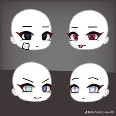 four different angles of an anime character's face with red eyes and big lashes