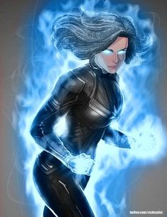 a drawing of a woman dressed in black and blue with flames around her waist, on a gray background