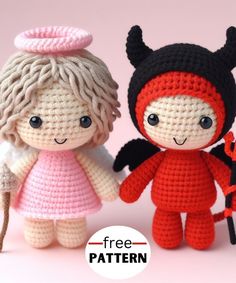 two crocheted dolls are holding hands and one is dressed as a devil with horns