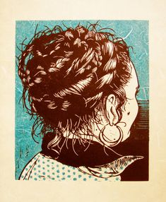 a drawing of a woman's head with braids in her hair, against a blue background