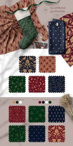 an assortment of different fabrics and fabric samples for the dressmaking process, including red, green