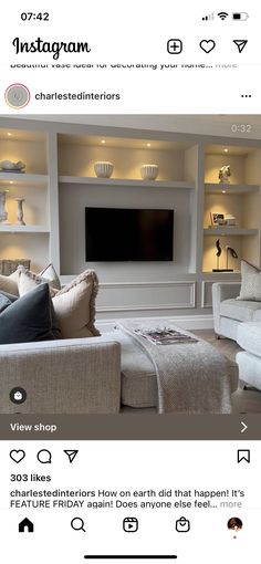 a living room filled with furniture and a flat screen tv mounted on the wall above it