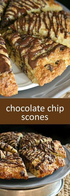 chocolate chip scones on a plate with one slice cut out and the other half eaten