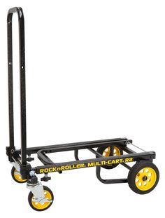 a black and yellow dolly cart with two wheels on the bottom, one wheel is attached to