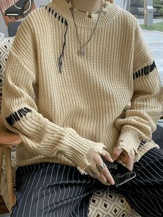 Men's Oversized Irregular Hole Sweater - AnotherChill Hole Sweater, Color Composition, Spring Outfits Men, Beige Pullover, Pull Oversize, Y2k Baby Tee, Bodycon Floral Dress, Sweater Brands, Collar Sweater