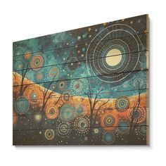 an abstract painting on wood with circles and stars in the sky above trees, against a white background