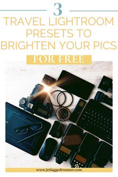 TEXT SAYS 3 FREE TRAVEL LIGHTROOM PRESETS TO BRIGHTEN YOUR PICS FOR FREE. PHOTOGRAPHY EQUIPMENT. Airplane Carry On