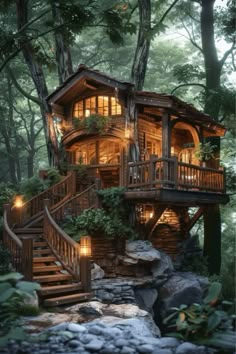 a tree house in the woods with stairs leading up to it's second story