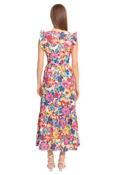 Make a statement in the Destiny maxi! This gorgeous V-neck dress features a colorful floral print, flattering empire waist band, and playful ruffled short sleeves that are sure to make you feel confident and chic. Missy Dresses, Pink Peacock, All Day Everyday, Maggy London, White Hot, Cotton Maxi, Soft White, V Neck Dress, Empire Waist