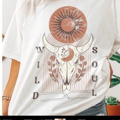 Bullhead Tee White Bohemian T-shirt For Vacation, Bohemian White T-shirt With Graphic Print, White Bohemian T-shirt With Graphic Print, White Bohemian T-shirt With Letter Print, White Bohemian Top With Graphic Print, White Bohemian Top With Screen Print, Seaside Shirt, Western Tee, Brad Paisley