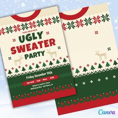 two ugly sweater party flyer templates on a snow covered background with christmas trees and deer