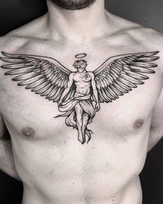 a man's chest with an angel tattoo on his chest and wings around him