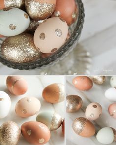 an assortment of different colored eggs in a glass bowl with gold and white speckles