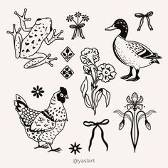 some black and white drawings of birds, flowers and frog's on a white background