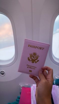 a person holding up a pink passport in front of an airplane window