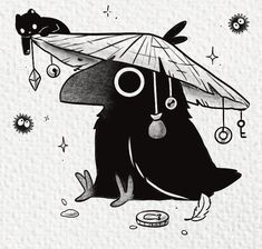 a black and white drawing of a bird holding an umbrella over its head with a cat sitting on top of it