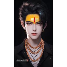 an anime character with black hair and gold jewelry on his head, wearing a necklace