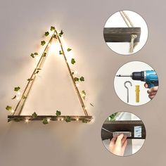 a diy christmas tree made out of wood and string lights is shown with instructions to make it