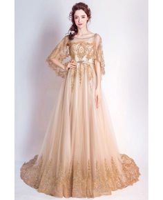 Buy sparkly gold long pageant formal dress sequined with cape sleeves at wholesale price online. Free shipping and pro custom service since 2009. Champagne Prom Dresses, White Prom Dress Long, Prom Dress Gold, Reign Dresses, Golden Angel, Evening Dress Long, Gold Prom Dresses, Prom Dresses 2017, Dress With Shawl