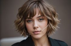 How to Style a Short Shaggy Bob Short Wavy Bob For Fine Hair, Wavy Bob Highlights, Short Bob Haircuts With Layers Fine Hair Bangs, Short Mousy Brown Hair, Shoulder Length Shaggy Bob, Angled Short Bob, Short Shaggy Bob With Bangs, Shaggy Lob With Bangs Round Faces, Short Curly Bob With Bangs