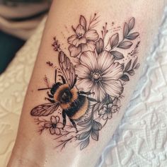 Vibrant Bumble Bee Tattoo Master Files Flower Garden Arm Tattoo, Bee Filler Tattoo, Flowers Bees And Butterfly Tattoo, Mason Tattoo Name, Colored Bee Tattoo, Autumn Flower Tattoo, Minimal Color Tattoo