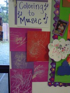 a bulletin board with pictures and writing on it that says, coloring is to music