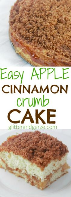 an easy apple cinnamon crumb cake on a white plate with the title above it